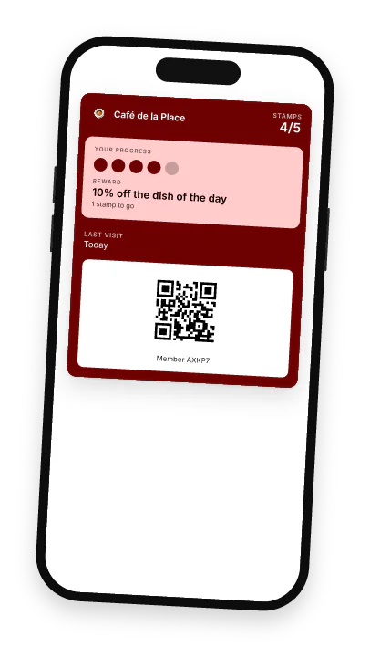 A phone showing the Café de la Place loyalty card in Apple Wallet, 4 stamps out of 5.