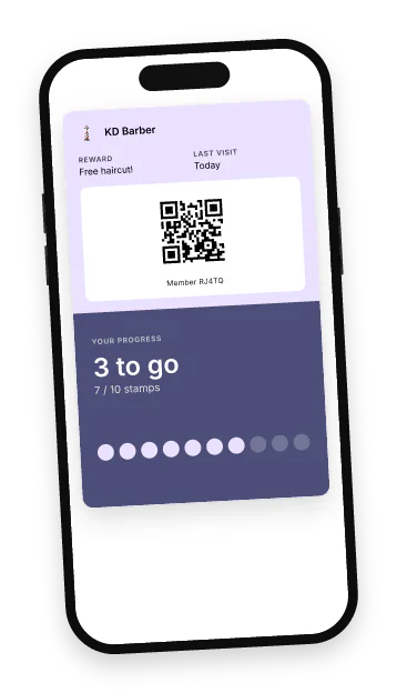 A phone showing the KD Barber loyalty card in Google Wallet, 7 stamps out of 10.