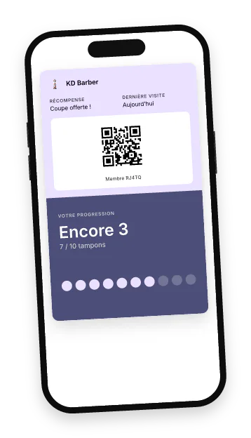 Un téléphone affichant la carte de fidélité de KD Barber dans Google Wallet, 7 tampons sur 10.